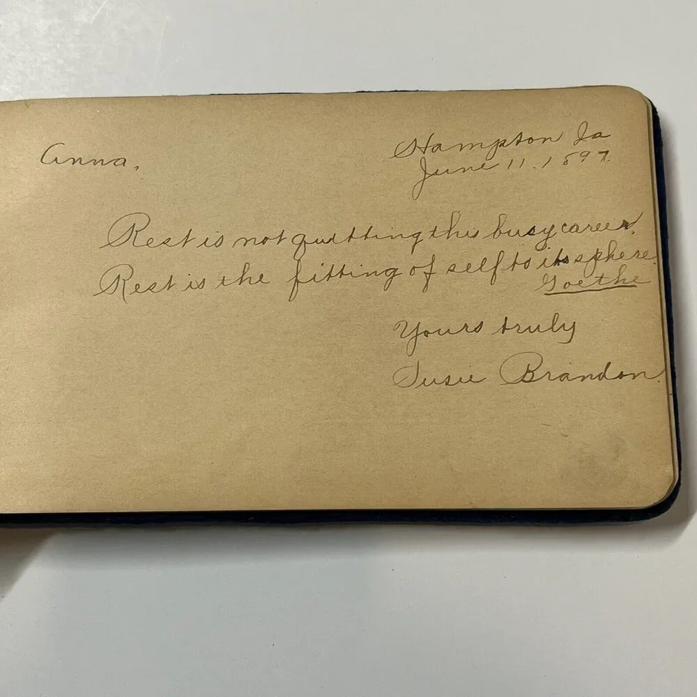 1880s Antique AUTOGRAPH ALBUM Blue Velvet Cover Anna J. Nelson Blooming Prairie